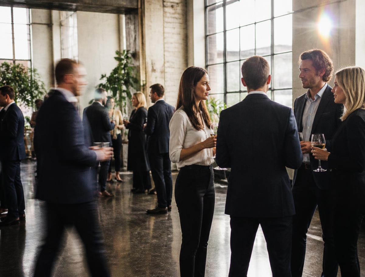 Guests at a corporate drinks reception in a warehouse loft venue